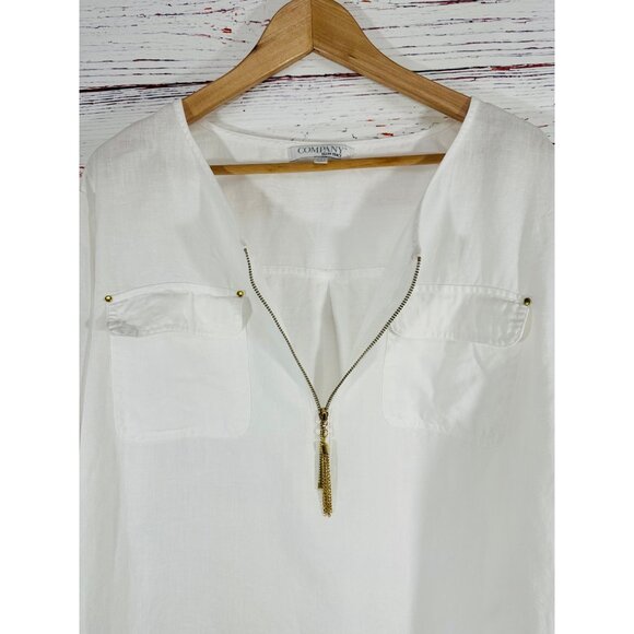 Company Ellen Tracy 100% Linen Womens XL White Tunic Top Gold Zipper Detail - Picture 10 of 14